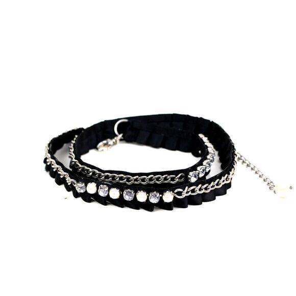 BLACK FABRIC RHINESTONE FAUX PEARL 3/4"Wd DRESS WOMEN BELT ADJUSTABLE Size (E98 - Picture 7 of 12